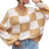 Women's Checked Knit Sweater, Round Neck Long Sleeve Relaxed Fit Pullover