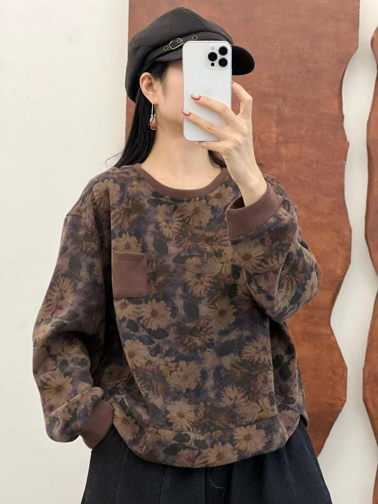 2026 Spring Artistic Printed Round Neck Loose Casual Women's Sweatshirt