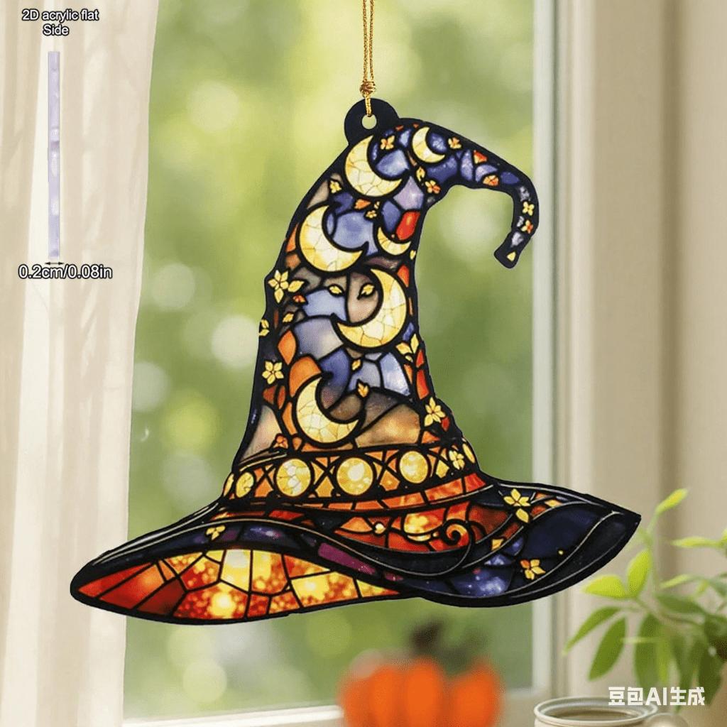 1pc Halloween Witch Hat Window Hanging Acrylic Sun Catchers Hat Shaped with Moon & Floral Pendant Wall Decortions, Four Seasons Decoration