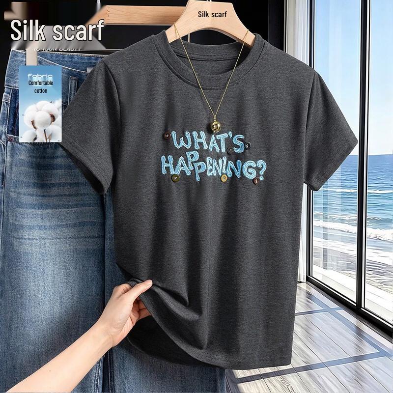 Women s Embroidered Letter Slim Fit Round Neck T-Shirt S