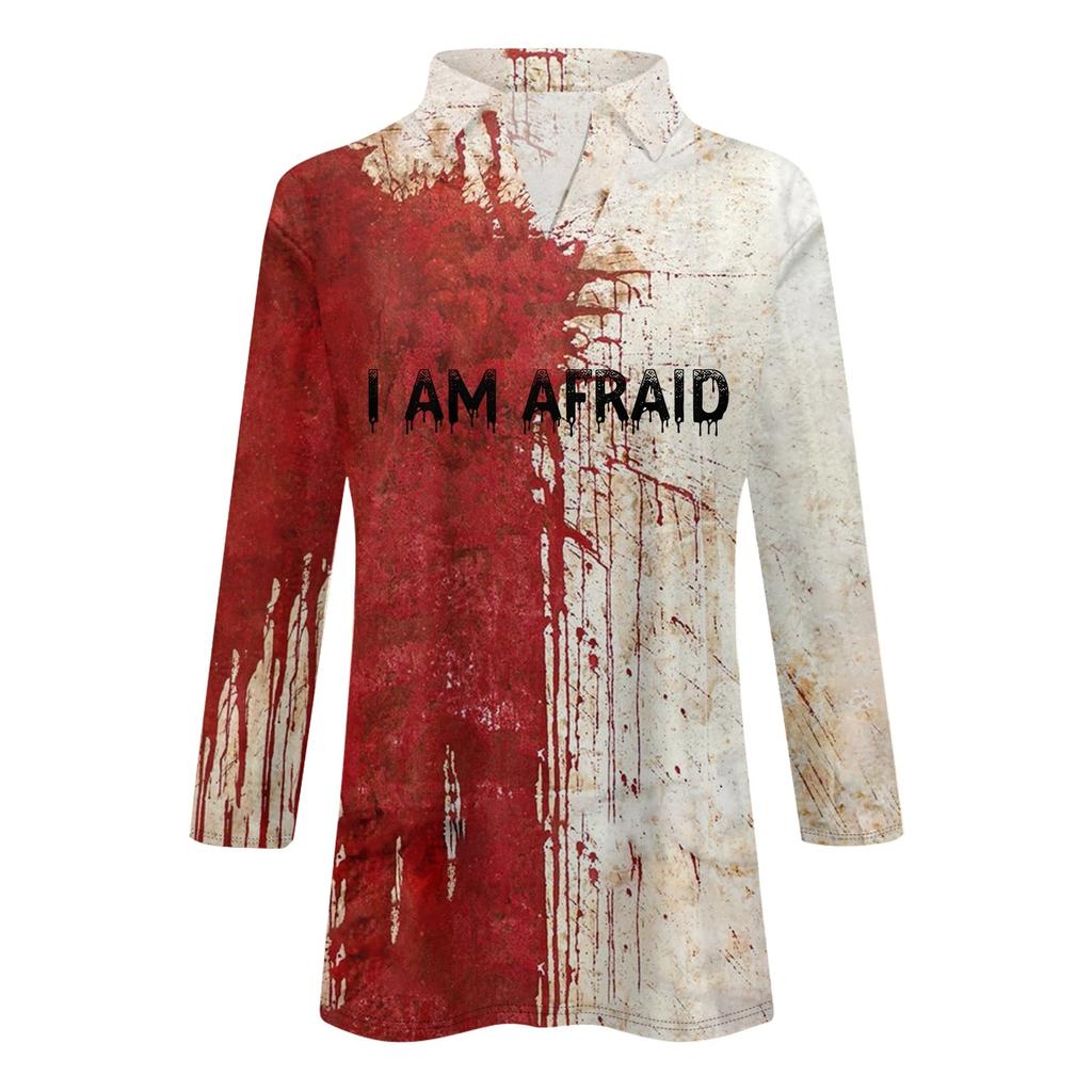 Modisches T-Shirt für Damen mit V-Ausschnitt und 3/4-Ärmeln, Halloween, blutiger Aufdruck, lässiges Oberteil