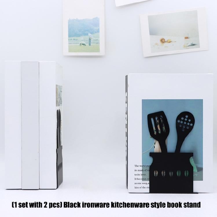 2Pcs Black Metal Bookends Kitchenware Themed Book Stoppers Heavy Duty Desk Book Organiser For Office Home Library School