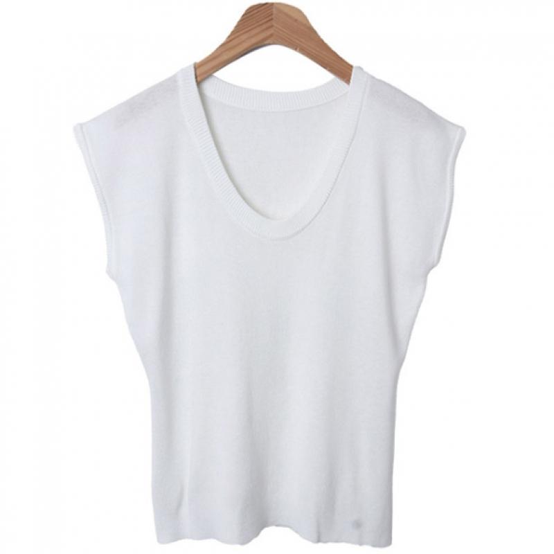 Shop   Women U Neck casUal Cap Sleeve Solid Slim Knit Tee Jle Wkn 3638 Black