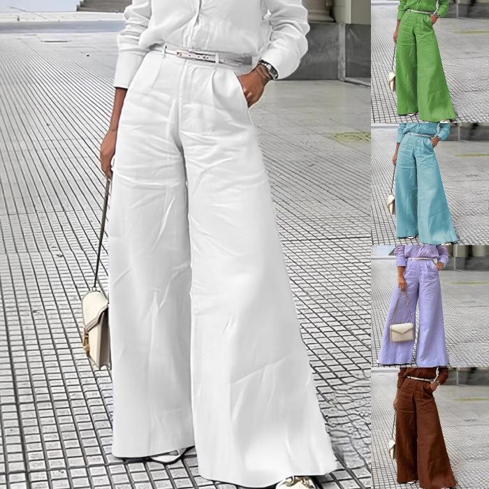 Women's Cotton Linen High Waist Wide Leg Pants with Pockets Summer Minimalist Solid Color Casual Office Trousers