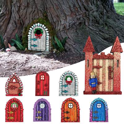 Bunte hölzerne Feengarten-Accessoire Elfen-Tür Dekoration Buchsbaum Form Ornament Für Hof Tür Fenster Statuen Märchen