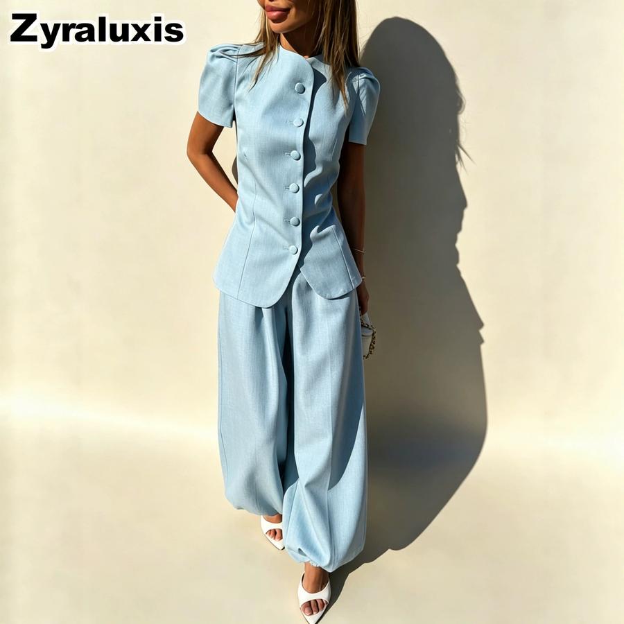 New Fashion Elegant Design Jacket Top High Waist Casual Long Pants Women's Set