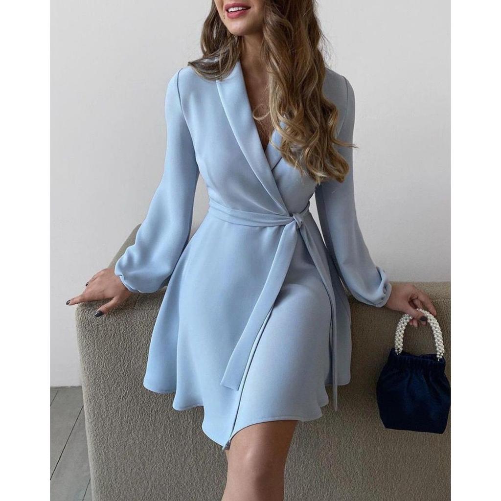 Kleid mit Blumenmuster und Umlegekragen, Taillenbetontes, elegantes Schnürkleid für Damen, langärmelige, lockere Kleider, lässiges, rückenfreies Kleid