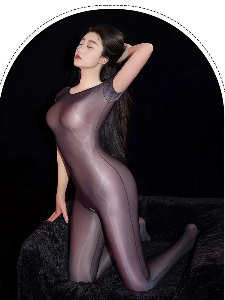 Women's Jumpsuit Sexy Short Sleeve Open Crotch Bodysuit Front Seamless High Elastic Unitard Woman Clothing Night Wear Tights New