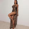 Rochie Europeană și Americană cu Imprimeu Leopard, Fără Spate și cu Șliț Înalt