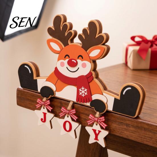 Indoor Christmas Decor Accessories Wooden Tabletop Decor, 2D Flat Hanging Shelf Sitters with JOY Ornaments, Reusable Holiday Ornaments Rustic