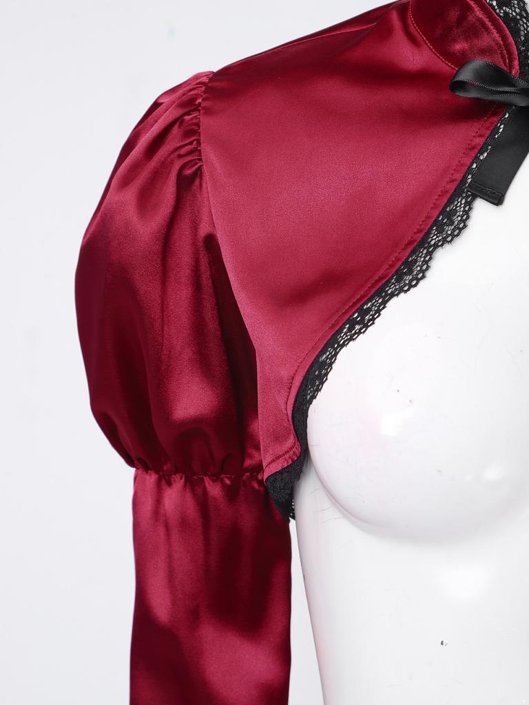 Women Victorian Gothic Bolero Shrug Floral Lace Trim Stand Collar Long Puff Sleeve Front Lacing Crop Cardigan Shawl for Vampire Cosplay Costume