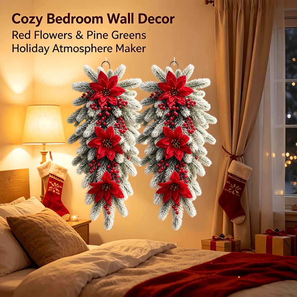 2Pcs 23.6inch Outdoor Artificial Christmas Poinsettia Vine With Artificial Pine Branches, Red Berries, And Pine Cones For Decoration. Suitable For