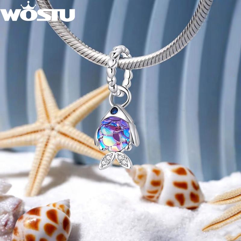 WOSTU 100% 925 Sterling Silver Blue Purple Fish Charms Beads Heart Pendants Fit Original DIY Bracelet Necklace Jewelry for Women