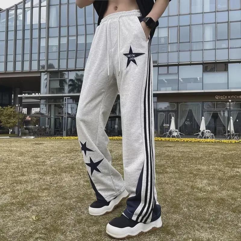 

Унисекс ретро звезды вышитые повседневные прямые свободные брюки для пар XL серый