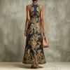 Damen High Neck Ärmelloses Maxikleid mit Barockdruck Schmal geschnitten Hohe Taille Elegant Party Abendkleid