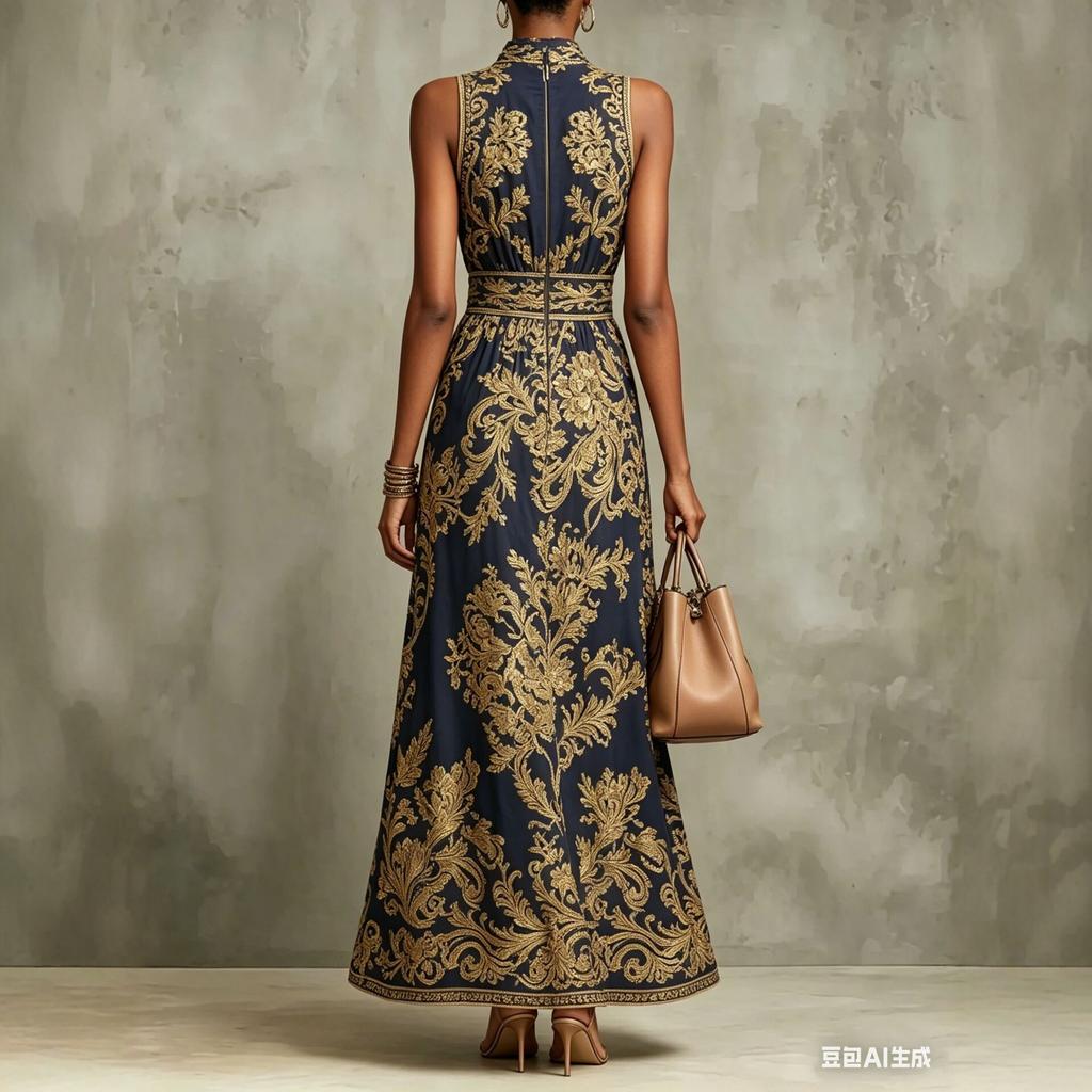 Damen High Neck Ärmelloses Maxikleid mit Barockdruck Schmal geschnitten Hohe Taille Elegant Party Abendkleid