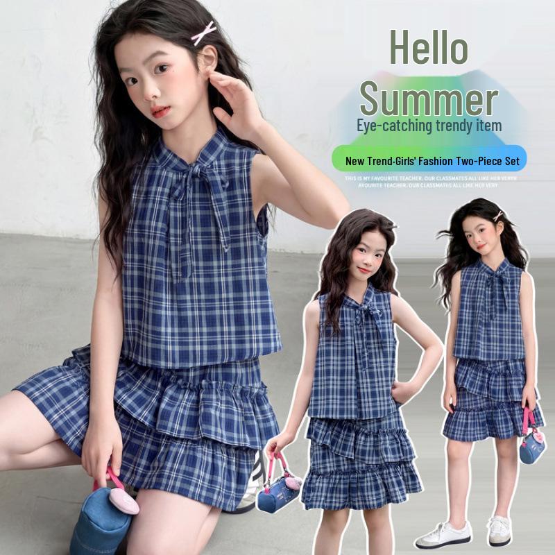 2026 Summer Girls' Sleeveless Plaid Dress - Korean Style Lace-Up Cake Skirt