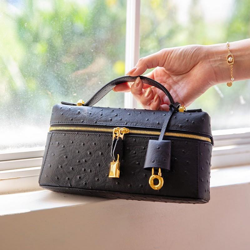 23Cm first layer ostrich pattern cowhide lunch box bag genuine leather shoulder bag fashion messenger bag simple small lock women's bag
