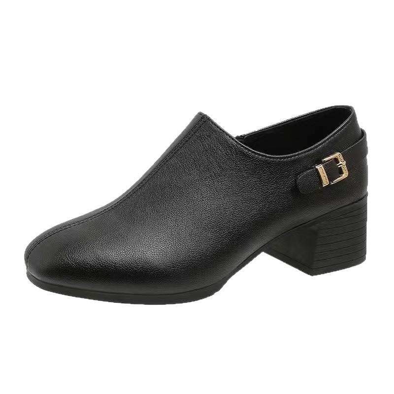 2025 Spring and Autumn New Mother Shoes Soft Leather Soft Sole Women's Leather Shoes Thick Heel Deep Mouth Versatile Comfortable Casual Middle Heel