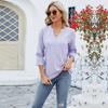 Spring and Summer Women's T-shirt V-neck Lace Seven-quarter Sleeve Jacquard Loose Long-sleeved Tops