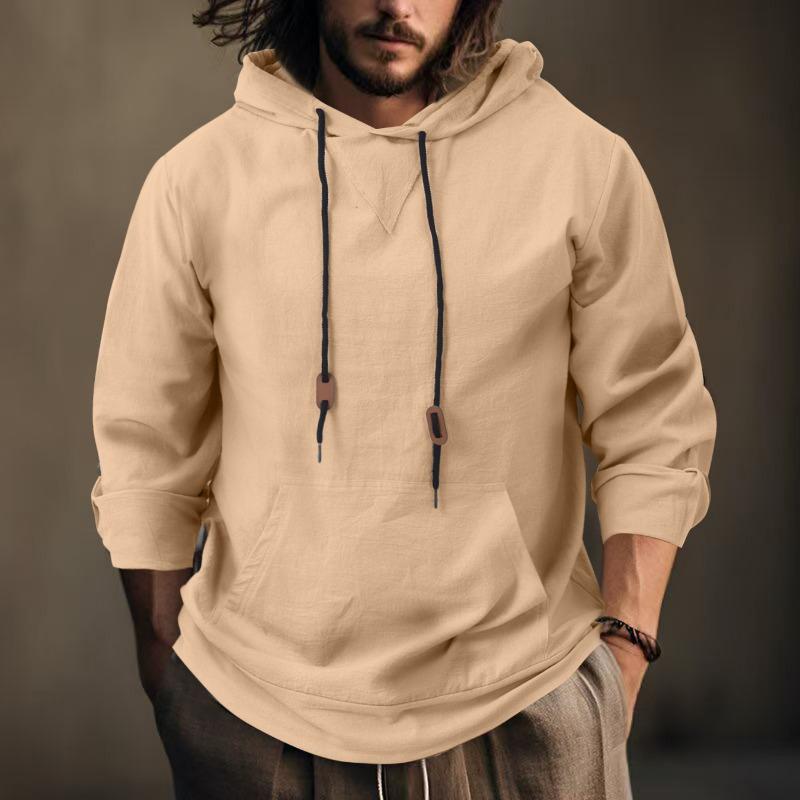 Men S Linen Cotton Blend Hooded Sweatshirt Loose Fit Casual Autumn Top