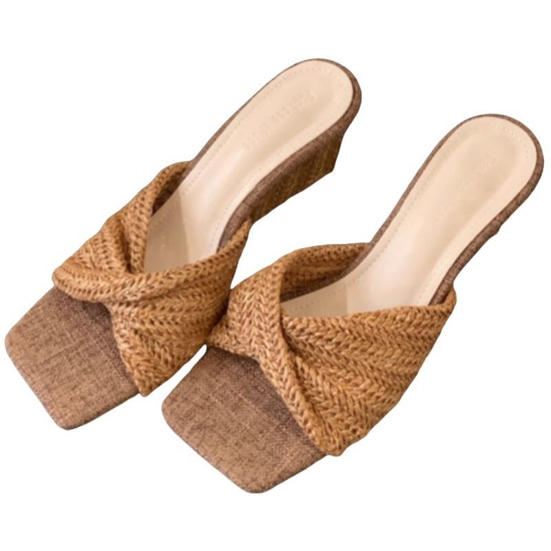 Chinelos femininos retrô franceses de tecido com salto plataforma e bico aberto 2025 novos para lazer, férias, praia, de salto alto, frescos