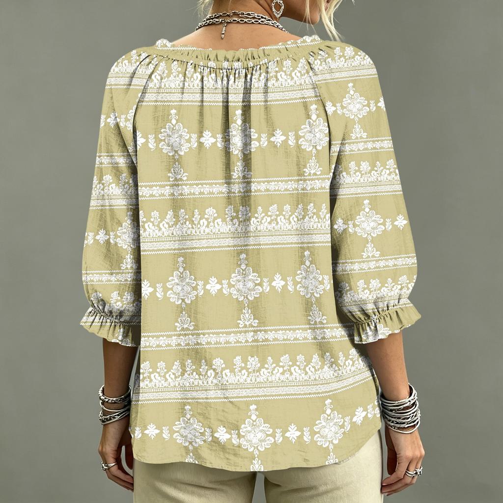 Women's Casual Printed V-Neck Ruffle Tie Blouse