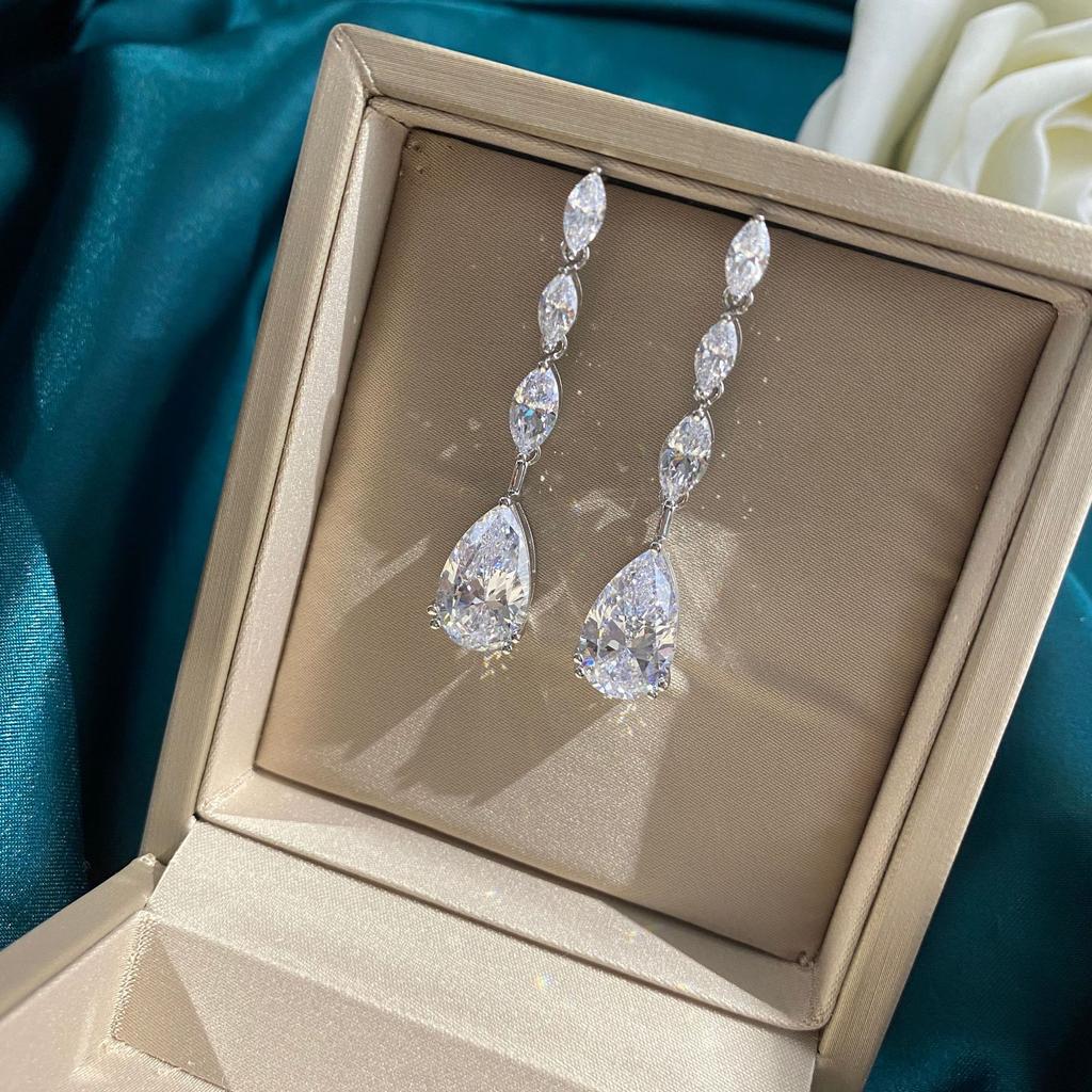 Gica Gema Tropfenohrringe mit hohem Kohlenstoffgehalt, 925er-Sterlingsilber, 47 x 10 mm, weißer Edelstein, romantischer edler Schmuck, Hochzeit, Party, Geschenke, neuer Trend