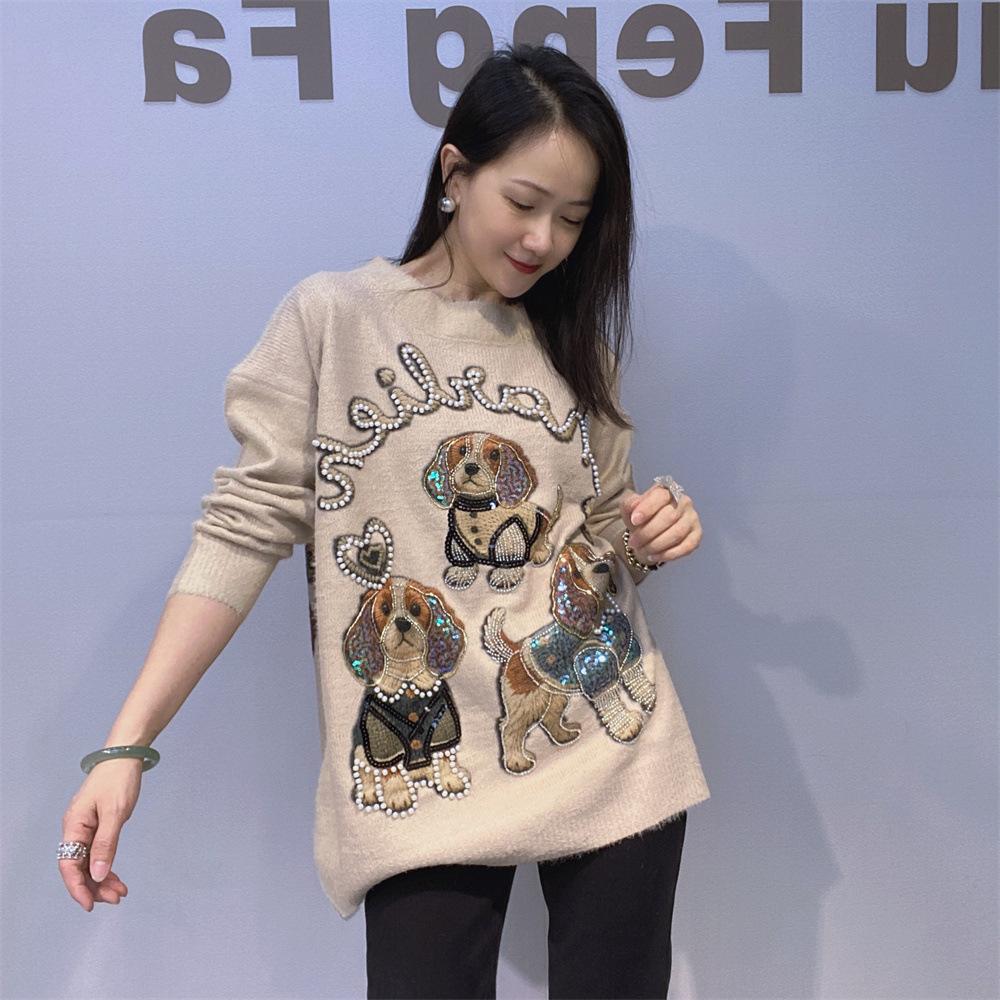 Beaded Round-neck Sweater Coat A New Design for Autumn and Winter Is A Three-dimensional Loose and Laid-back Style Knitted Top