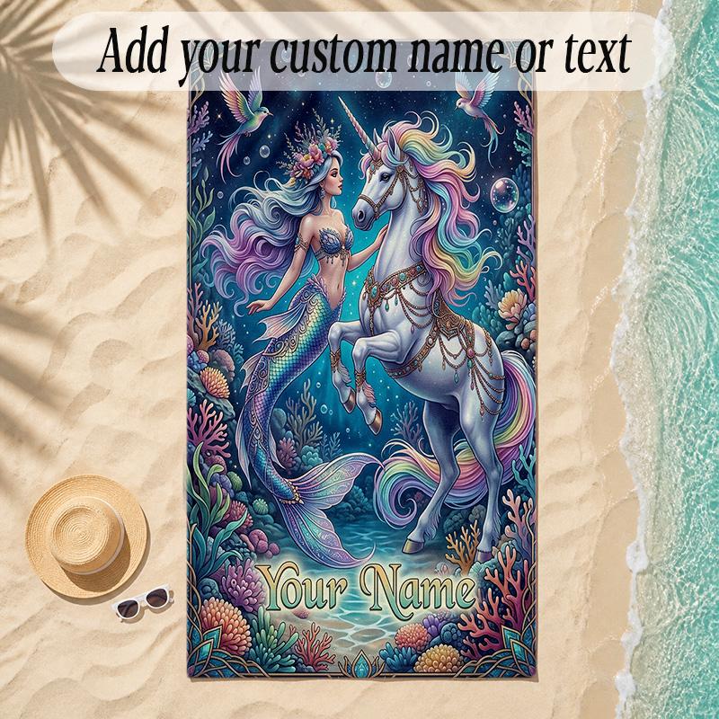 Unicorn Theme Soft Beach Towel Personalized Custom Name Text Towel Portable for Beach Pool Travel