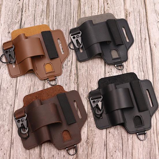 Multitool Belt Sheath Faux Leather EDC Belt Organizer 3 Pockets Belt Pouch with Flashlight Holder Pen Holder Keychain Clip for Men