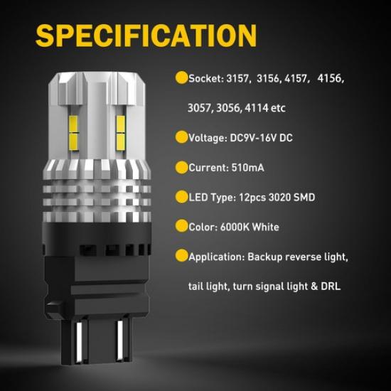 6000K White LED Reverse Turn Signal Light DRL 3156 3157 Super Bright 2400LM 2Pcs