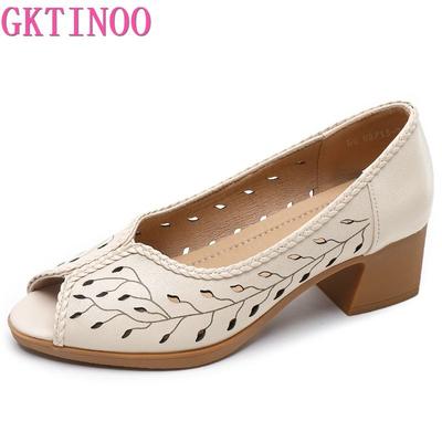 Mode GKTINOO Echtes Leder Hohle Fischmaul Sandalen Damenschuhe 2025 Große Größe Mittelhoch Weiche Sohle Damen Sandalen Modeschuhe