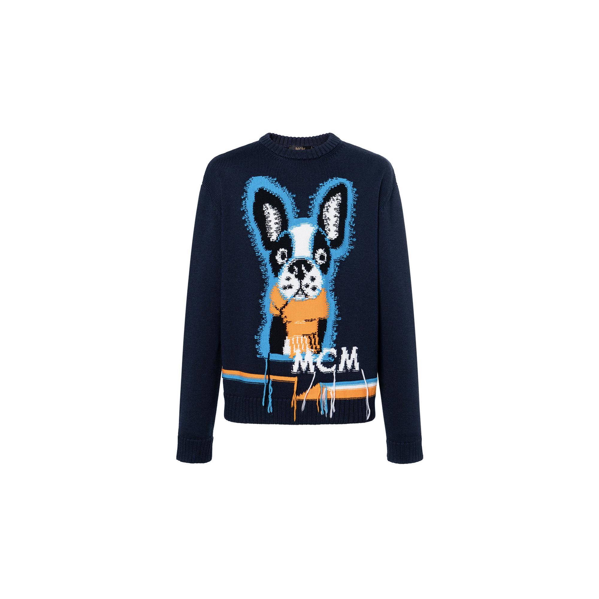 MCM FW22 Cartoon Pattern Jacquard Crew Neck Pullover Sweater Men sweater Dark-Blue MHECAMM02L3 M