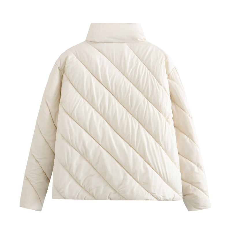 Womens Lightweight Puffer Jacket With Quilted Stripe Design Stand Collar Long Sleeve Loose Fit Short Coat Winter