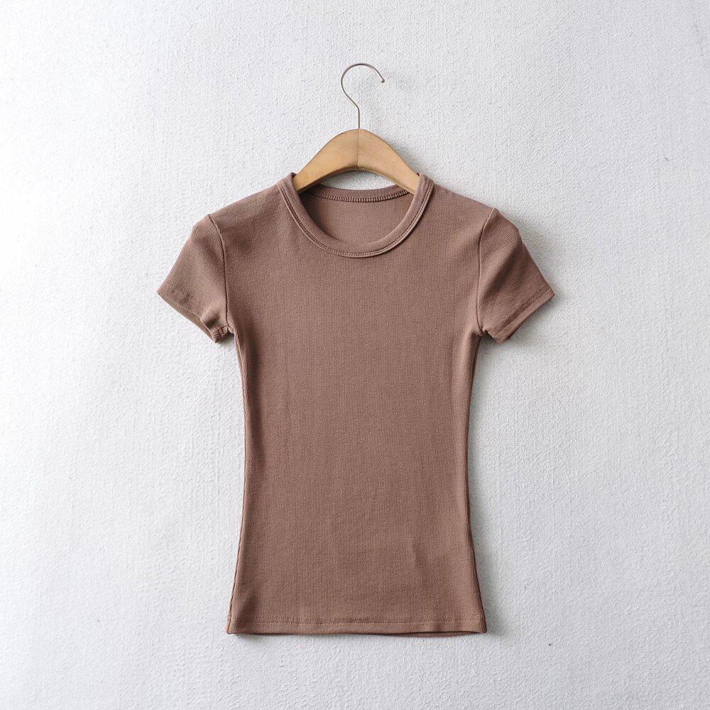 Europäisches und amerikanisches Damen-T-Shirt mit einfarbigem Slim-Fit-Retro-Kurzarm