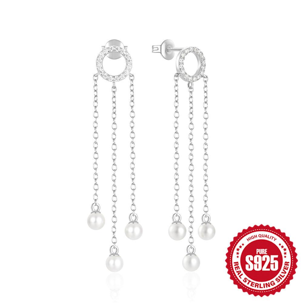 Argent Sterling 925 Tempérament Mode Gland Longue Chaîne Perle Personnalité Boucles d'Oreilles Boucles d'Oreilles Earline Boucles d'Oreilles Boucles d'Oreilles Perles