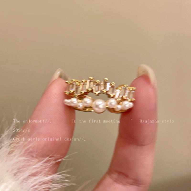 Elegant French Pearl Zirconia Adjustable Ring for Women Adjustable