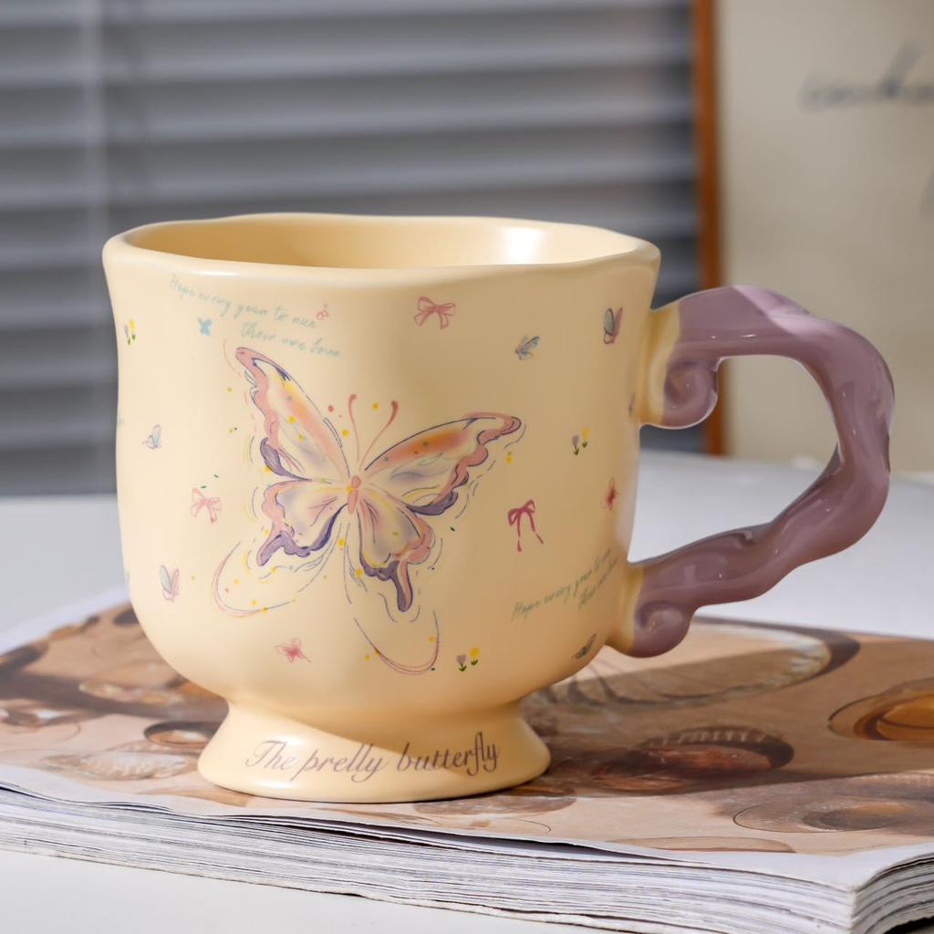 Retro Butterfly Ceramic Mug, Large-Capacity Breakfast Cup, High-Value Couple Water Cup, Home Office Female Gift