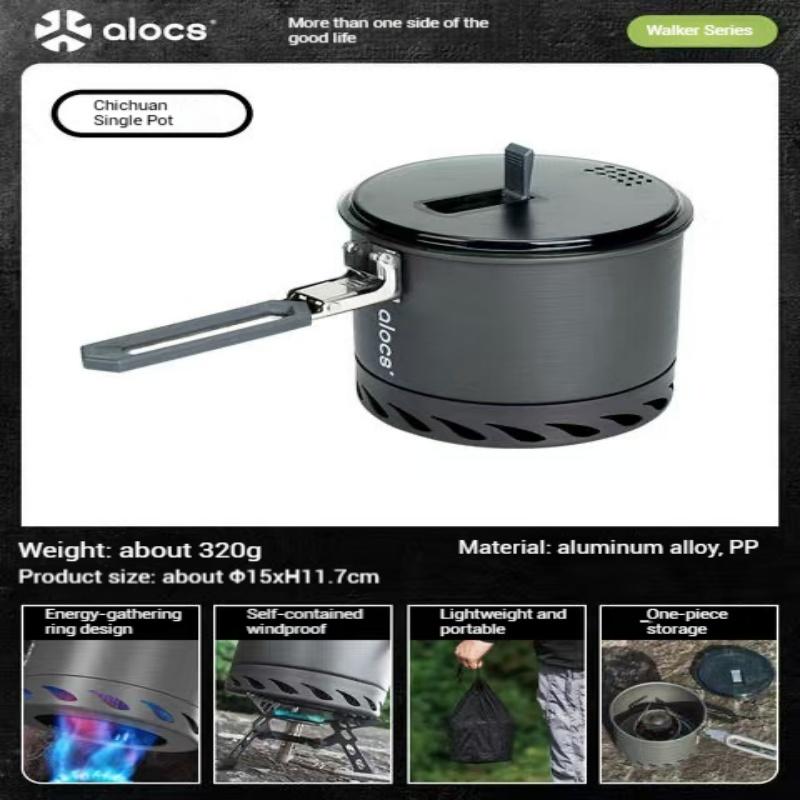 

ALOCS Сверхлегкая кастрюля 1,4 л - жесткий анодированный алюминий, 320 г, ветрозащита / для одного человека (Складная ручка) 15*15*11.7cm чёрный