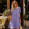 Soft Blended Fabric Dress Summer Short Sleeve for Women, Casual Button Up V Holiday Neck A-line Dress, Flowy Beach Vacation Sundress with Pockets