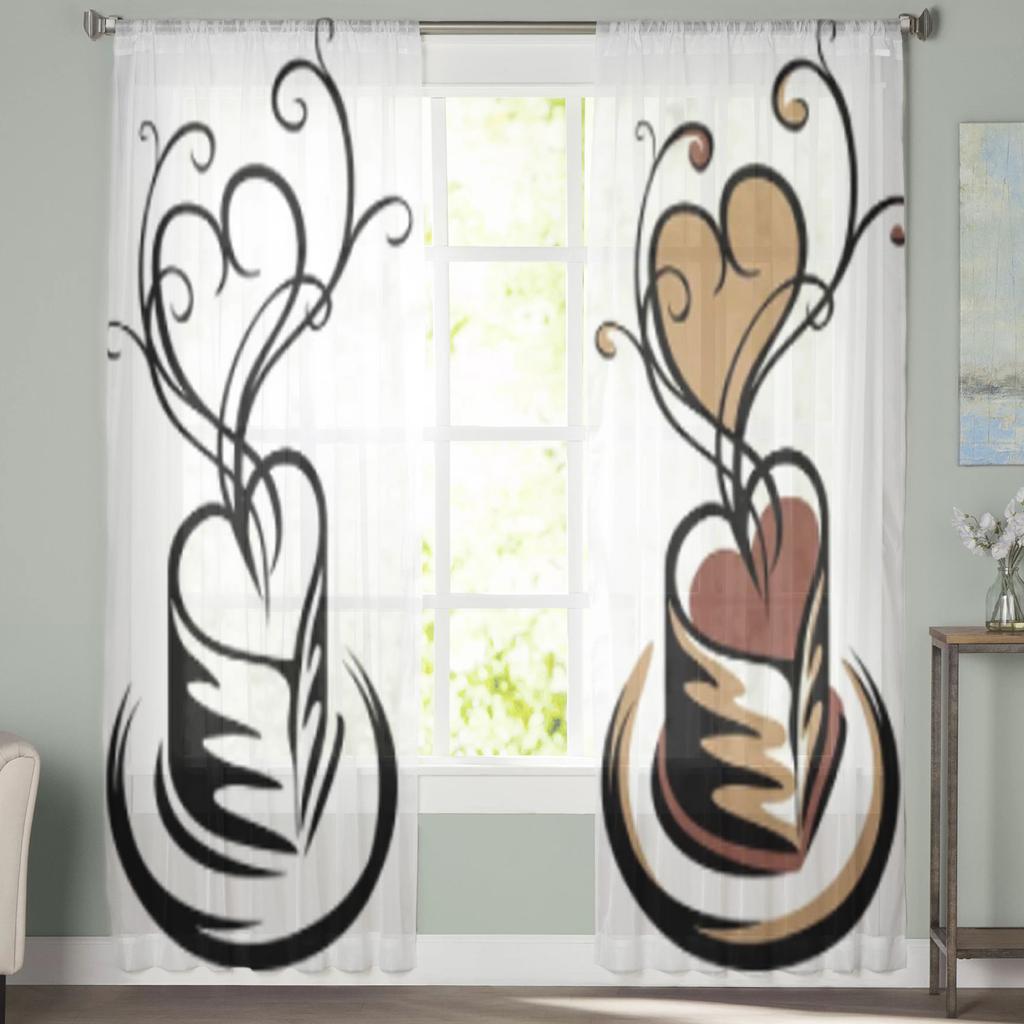 Herzförmige Tasse Kaffee Gardinen für Wohnzimmer Fenster transparent Voile Tüll Vorhang Schlafzimmer Vorhänge Home Decor