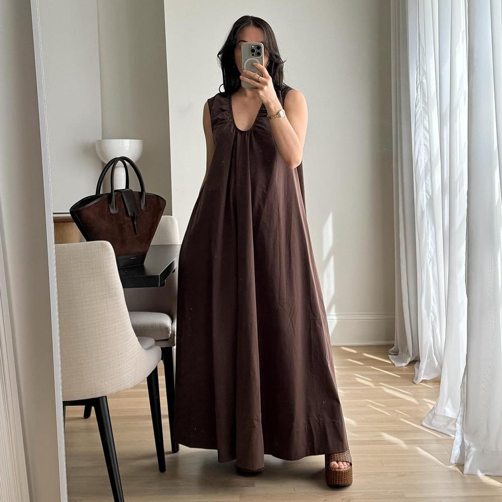 Ärmelloses Kleid Europäischer und Amerikanischer Sommer Neu Reine Baumwolle Urlaub Lässig U-Ausschnitt Locker Lang Kleid Kleid