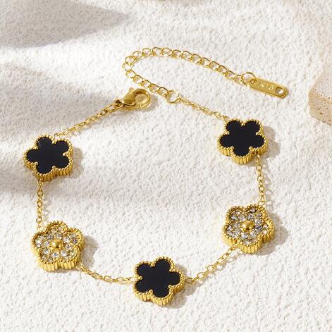 Lucky Five-Leaf Clover Beaded Bracelet for Women Classic Fashion Minimalist Gold Plated Stainless Steel Jewelry