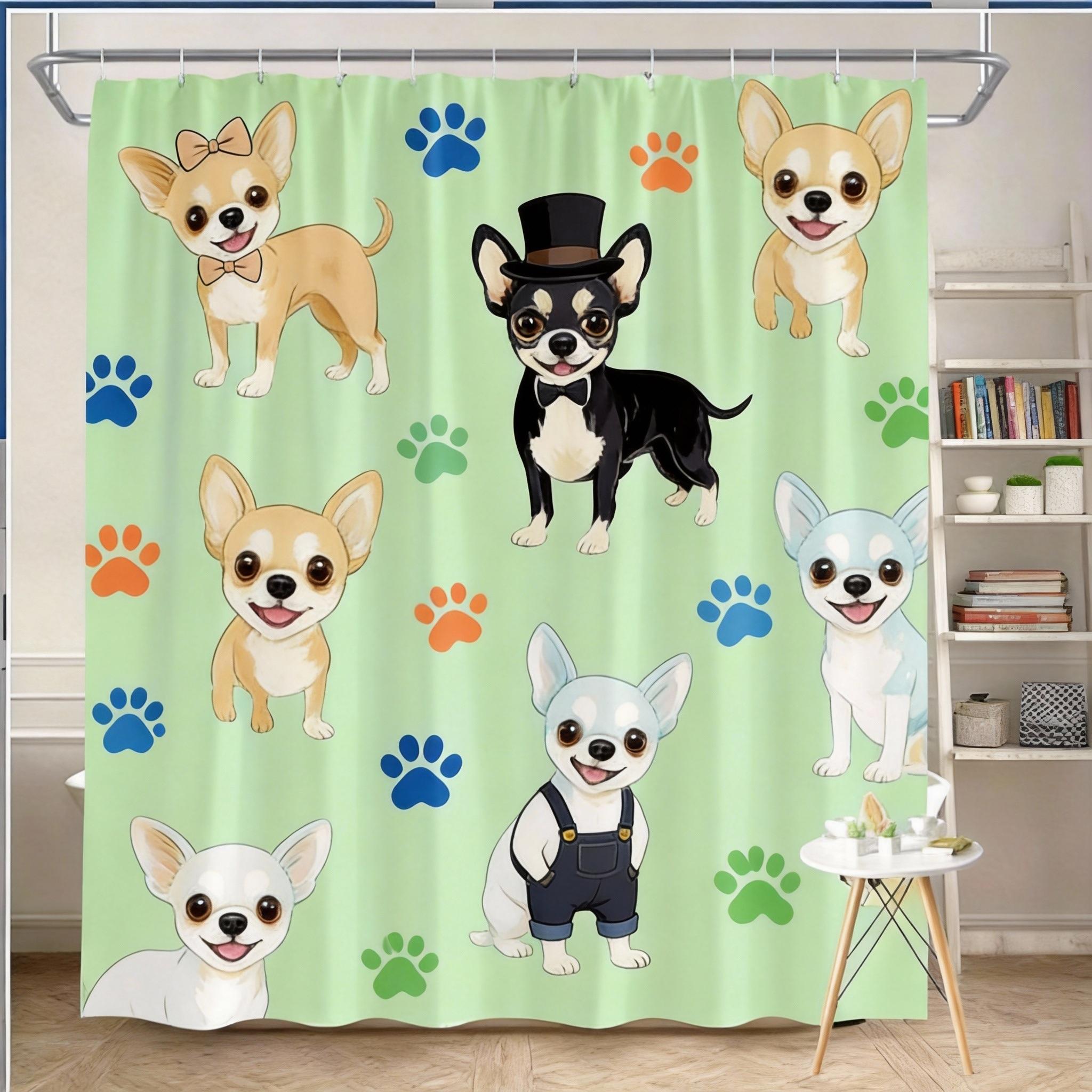

Chihuahua Shower Curtain 180X180Cm – Cute Puppy Love Cartoon, Light Blue, With 12 Hooks Shower Curtain Hooks W60H190(CM)-1 Pcs