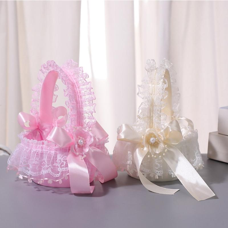 Wedding Flower Girl Basket with Lace Trim Handle Bowknot Flower Baskets for Wedding Ceremony Party Floral Arrangement