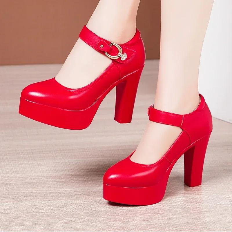 9cm 11cm Small Size 32-43 Elegant Shallow Soft Leather Shoes Platform Pumps 2025 Spring Block High Heels Shoes Dress Party Model