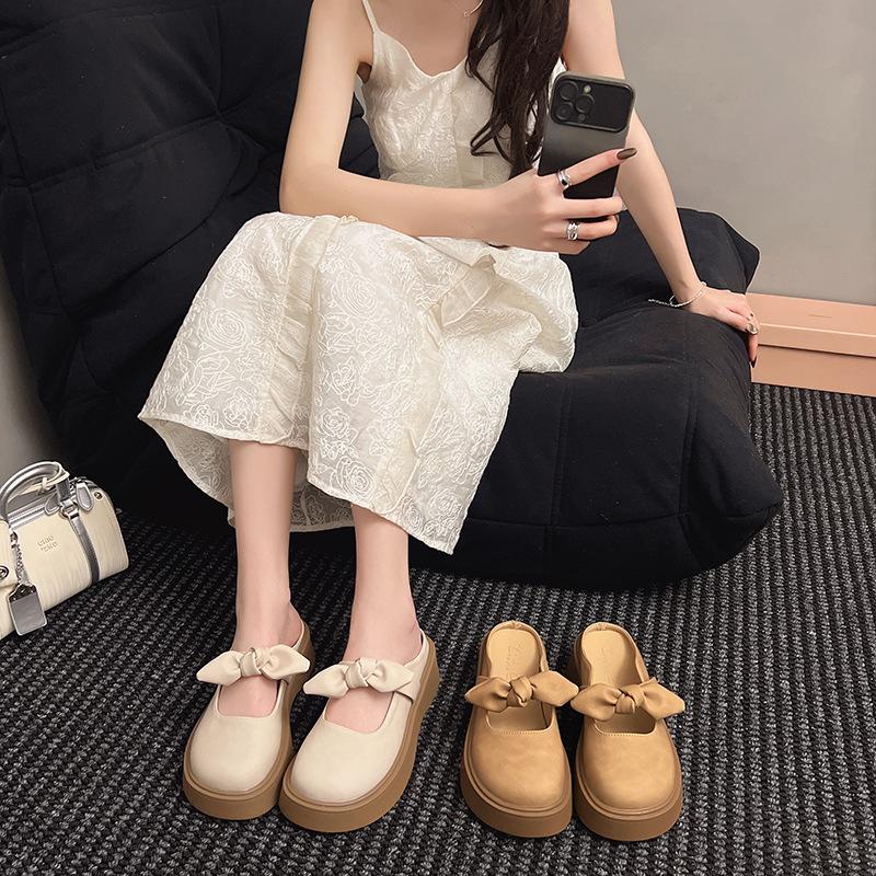 

Thick-bottomed bow bag head half slippers women s outer wear 2025 new spring and summer one-pedal Mary Jane sandals 35 бежевий