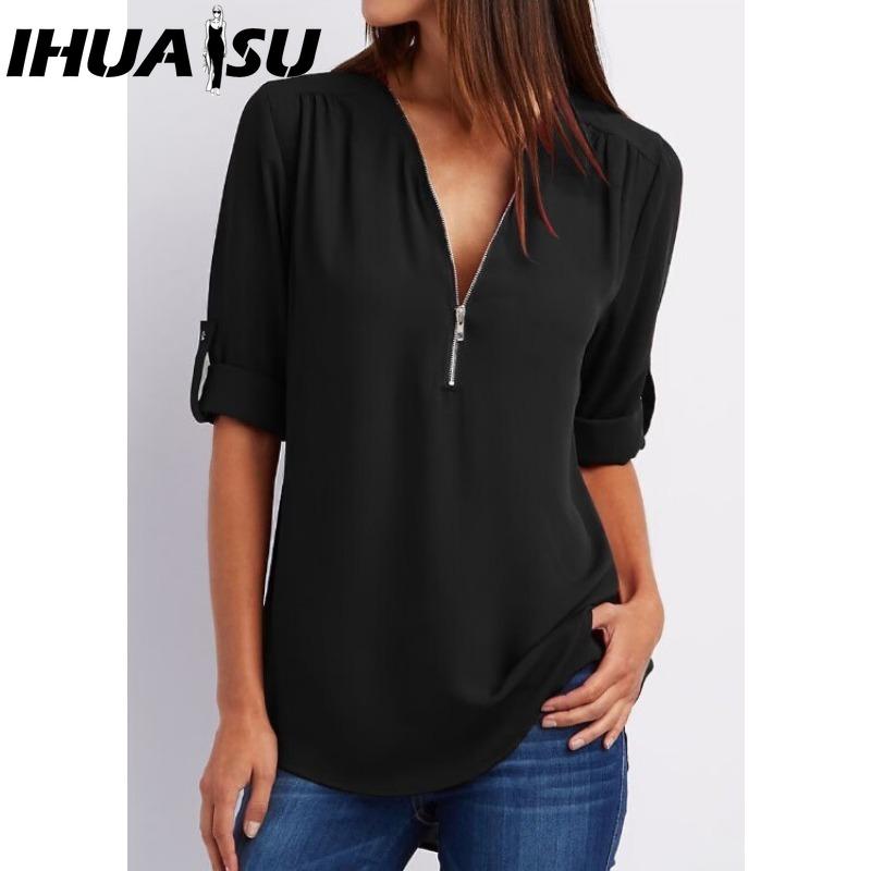IHUASU Women's Fashion Casual Solid Color Print Short Sleeve POLO Neck Blouses & Shirts