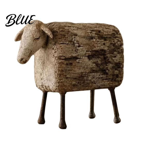 Modern Rustic Home Decor Distressed Imitation Wood Grain Sheep Figurine Resin Farmhouse Animal Statue for Shelf Tabletop Decor Retro Country